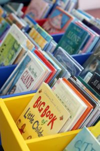 three rows of many picture books